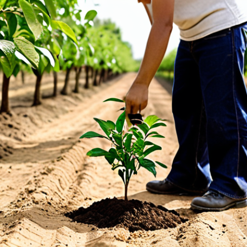 Home 11 **Image Prompt:** A young adult planting a small tree sapling in fertile soil, with dollar bills subtly growing amongst the leaves. In the background, a vast orchard of mature trees laden with fruit symbolizes long-term financial growth. Warm, optimistic lighting.