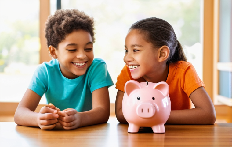 연령대별 금융 교육 프로그램 추천 - **Prompt 1: Early Financial Literacy - Piggy Bank Fun**
"A wide shot of a cheerful, diverse grou...